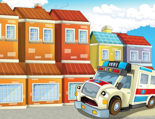 Obraz na płótnie Canvas cartoon scene in the city with happy ambulance - illustration for children