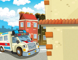 cartoon scene in the city with happy ambulance - illustration for children