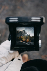 Half Dome through the viewfinder of a vintage TLR camera
