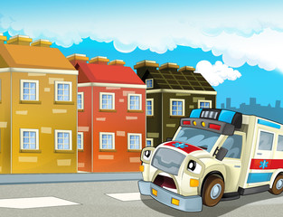 cartoon scene in the city with happy ambulance - illustration for children