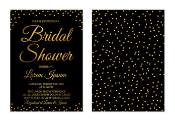 Gold confetti bridal shower invitation card front and back side. Wedding stationery. Golden glittering polka dots bridal or bachelorette party invite. Vector illustration. Easy to edit template