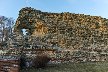 Sunset Panorama of Ruins of fortifications in ancient Roman city of Diocletianopolis, town of Hisarya, Plovdiv Region, Bulgaria