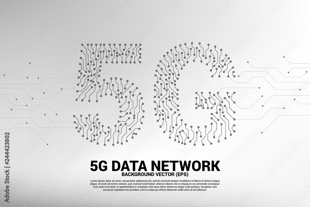 Poster 5G mobile networking from dot and line circuit board graphic style. Concept for mobile sim card technology and network.