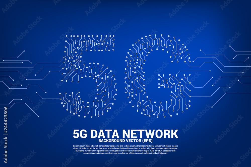 Poster 5G mobile networking from dot and line circuit board graphic style. Concept for mobile sim card technology and network.