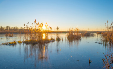 Naklejka premium Frozen lake in the light of sunrise below a blue sky in winter
