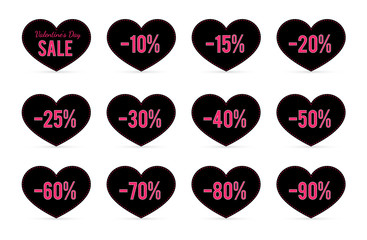 Valentine’s day sale tags in the shape of a heart. Special offer discount percent labels. Vector illustration. Easy to edit elements of design for shop advertising and promotion.