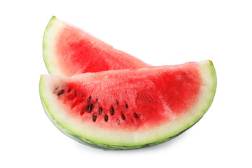 Slices of ripe watermelon on white background