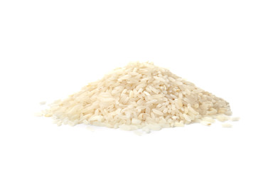 Pile of uncooked rice on white background