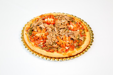 tuna and tomato pizza on a gold tray in white background