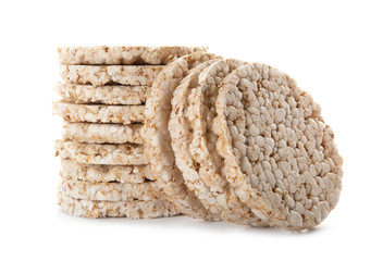 Crunchy rice cakes on white background. Healthy snack