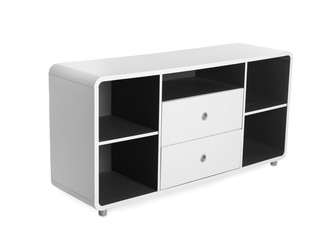 Stylish shelving unit with empty compartments on white background. Furniture for wardrobe room