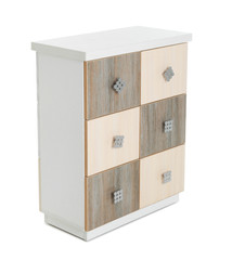 Stylish chest of drawers on white background. Furniture for wardrobe room