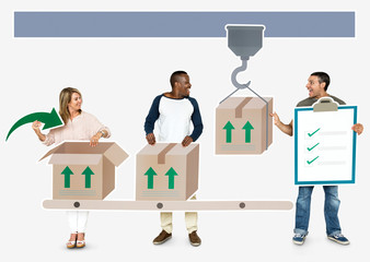 Happy diverse people in a logistics manufacturing process