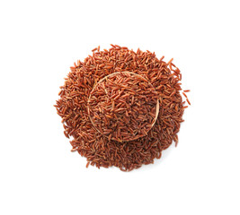 Bowl and uncooked brown rice on white background, top view