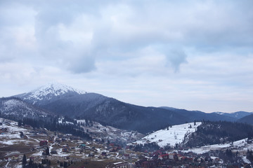 Winter landscape with mountain village near conifer forest