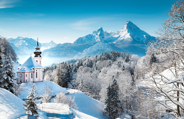 Church of Maria Gern with Watzmann in winter, Berchtesgadener Land, Bavaria, Germany