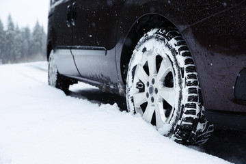 Closeup view of car on snowy winter day