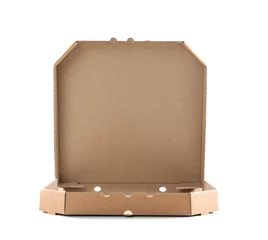 Photo sur Plexiglas Pizzeria Open cardboard pizza box on white background. Food delivery