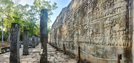 Bas-relief at  Bayon temple in Angkor Thom. Siem Reap. Cambodia. Panorama