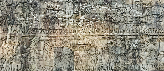 Bas-relief at  Bayon temple in Angkor Thom. Siem Reap. Cambodia. Panorama