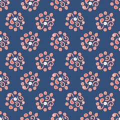 Decorative abstract coral and light blue floral pattern on a dark blue background. Seamless vector pattern  for textiles, fashion, home decor, gift wrapping paper, design, invitations and wallpaper.