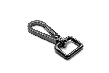 Black carabiner isolated on white background. Metal fittings. View from above