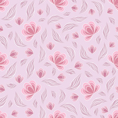 Seamless vector floral pattern with abstract flowers and leaves in pastel pink colors on light background