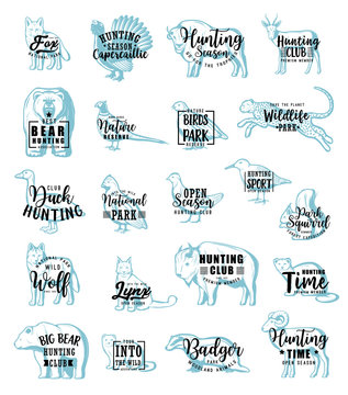 Hunting icons with animals or birds, lettering