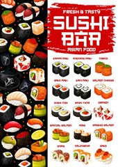 Fototapeta na wymiar Japanese cuisine menu, sushi and rolls