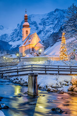 Church of Ramsau in winter twilight, Bavaria, Germany