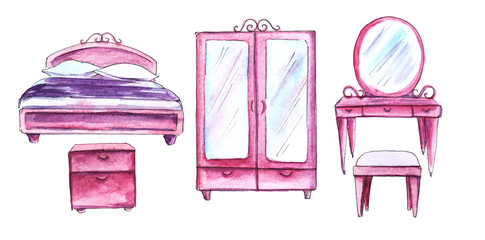 Quintuplet.Puppet pink bedroom furniture. Bed, wardrobe, dressing table, bedside table ottoman. Hand-drawn watercolor illustration. Isolated on white background