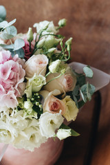 Beautiful spring bouquet with tender flowers in box