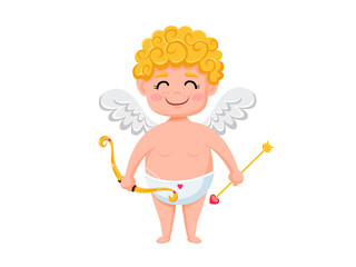 Funny cupid cartoon character with bow and arrow. Vector Illustration elements of a Valentine's Day. Isolated on white background