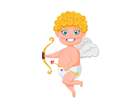 Funny cupid cartoon character with bow and arrow. Vector Illustration elements of a Valentine's Day. Isolated on white background