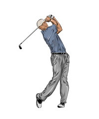 Hand drawn sketch of golfer in color isolated on white background. Detailed vintage style drawing. Vector illustration