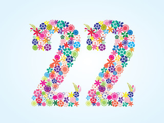 Vector Colorful Floral 22 Number Design isolated on white background. Floral Number Twenty Two Vector Typeface.