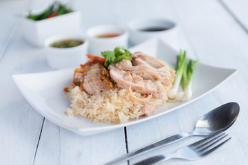 Hainanese chicken rice , gourmet steamed chicken with rice