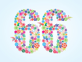 Vector Colorful Floral 66 Number Design isolated on white background. Floral Number Sixty Six Vector Typeface.