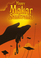 Hand with Water, Kites and Indian Sunset during Makar Sankranti, Vector Illustration