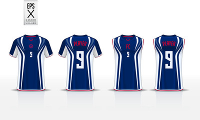 Fototapeta premium Blue T-shirt sport template design for soccer jersey, football kit and tank top for basketball jersey. Sport uniform in front and back view. Sport shirt mock up for sport club. Vector Illustration.