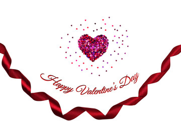 Valentine Day concept, white background with glitter red hearts