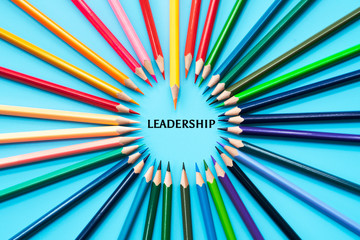 Leadership business concept. Orange color pencil lead other color