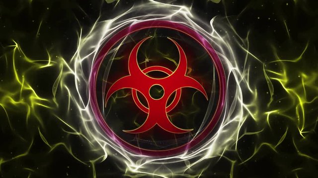 BIOHAZARD in Particles Ring, Radiation Hazard Danger Symbols Animation, Rendering, Background, Loop, 4k

