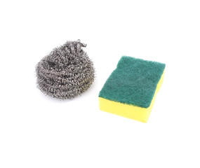 Scotch Bright and Metal sponge for washing dishes on a white background. steel wool for cleaning the kitchen and scrubbing pots for Cleaning concept.