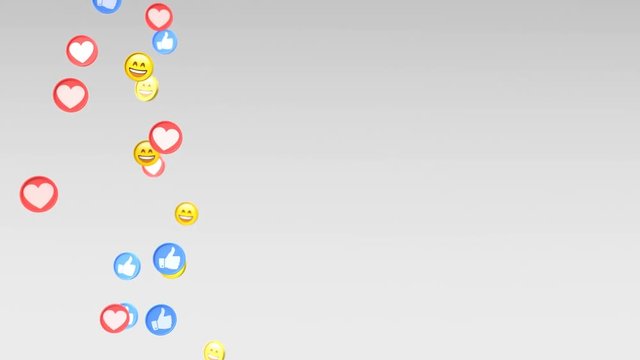 Social media icons animated in front of the camera from the bottom to the top on a gray screen, there is an alpha mask
