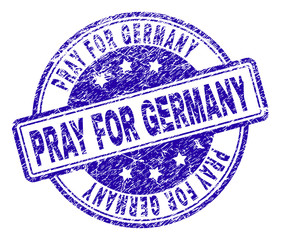 PRAY FOR GERMANY stamp seal imprint with grunge texture. Designed with rounded rectangles and circles. Blue vector rubber print of PRAY FOR GERMANY title with grunge texture.