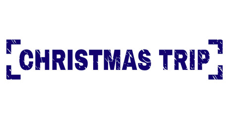 CHRISTMAS TRIP title seal imprint with corroded texture. Text title is placed between corners. Blue vector rubber print of CHRISTMAS TRIP with dust texture.