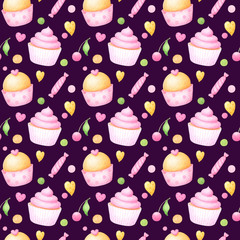 Seamless pattern with watercolor cupcakes, sweets and hearts in violet