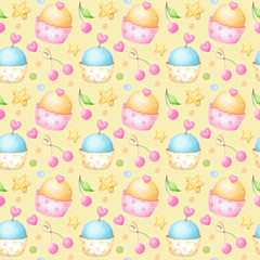 Seamless watercolor pattern with sweets, cherries and stars