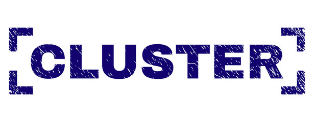 CLUSTER title seal print with grunge texture. Text caption is placed between corners. Blue vector rubber print of CLUSTER with grunge texture.